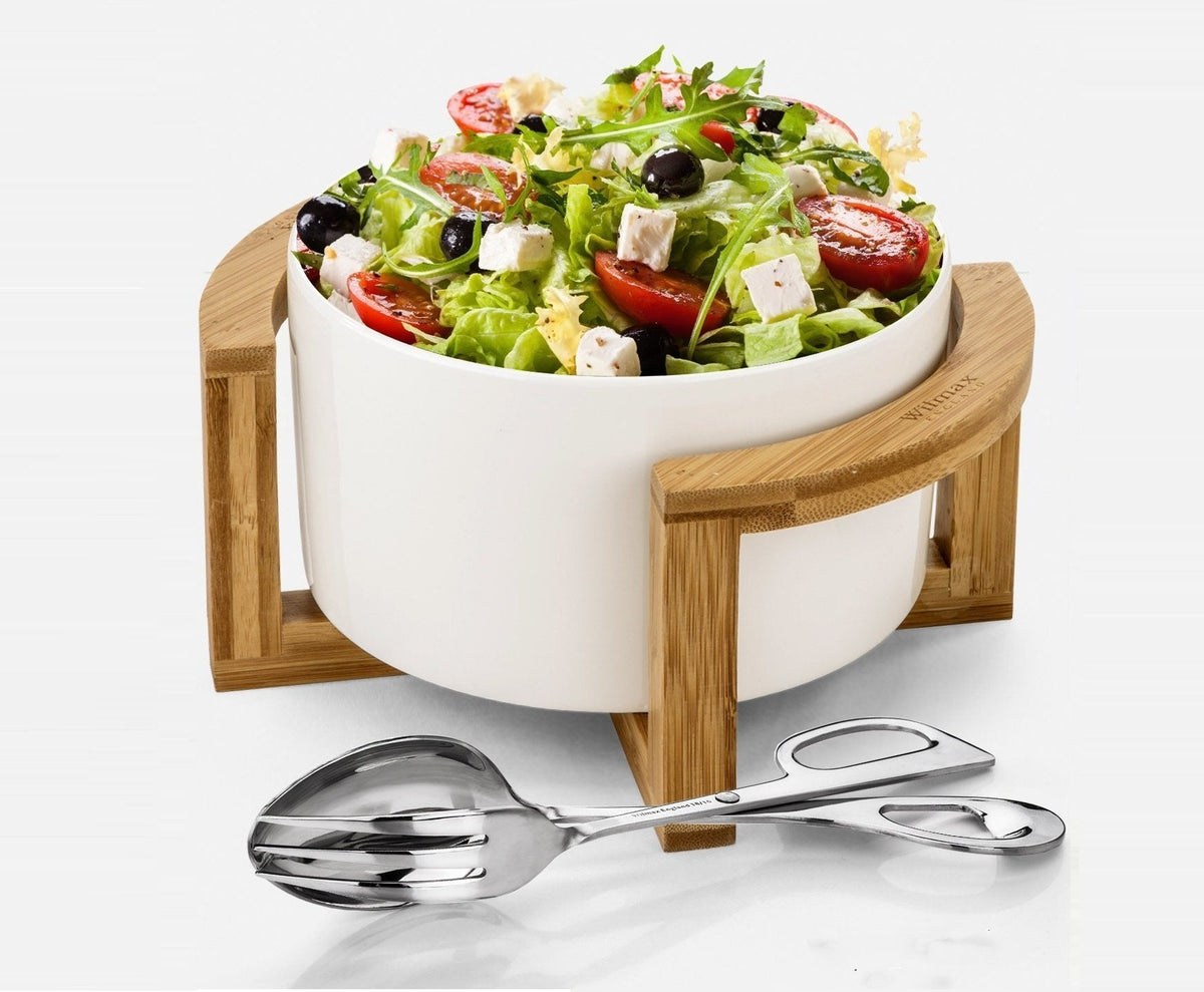 Wilmax Medium Salad Bowl Set With Serving Tongs And A Bamboo Stand SKU: WL-555009