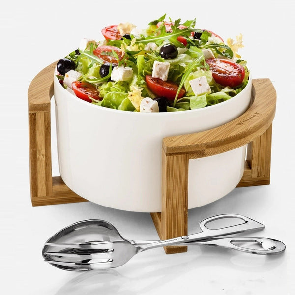 Wilmax Family Size Large Salad Bowl Set With Serving Tongs And A Bamboo Stand SKU: WL-555010