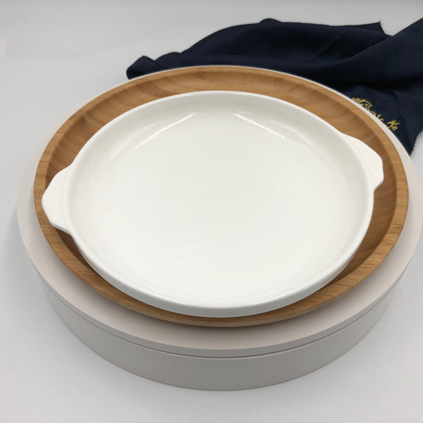 Wilmax Bamboo And Fine Porcelain Round Baking Dish/plate Setting SKU: WL-555064