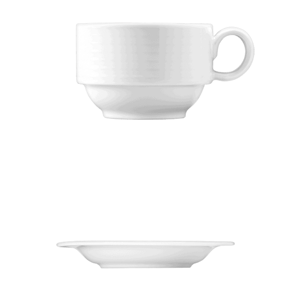 Cup, Stackable || Saucer | Catalog Number: 010 0215 | Dimensions: 4.5 fl oz (150 ml) || Catalog Number: 010 0211 | Dimensions: 5 1/4 in (13 cm)