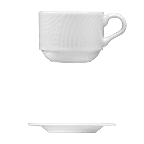 Cup, Stackable || Saucer | Catalog Number: 048 0201 | Dimensions: 4 fl oz (118 ml) || Catalog Number: 048 0202 | Dimensions: 5 1/8 in (12 cm)