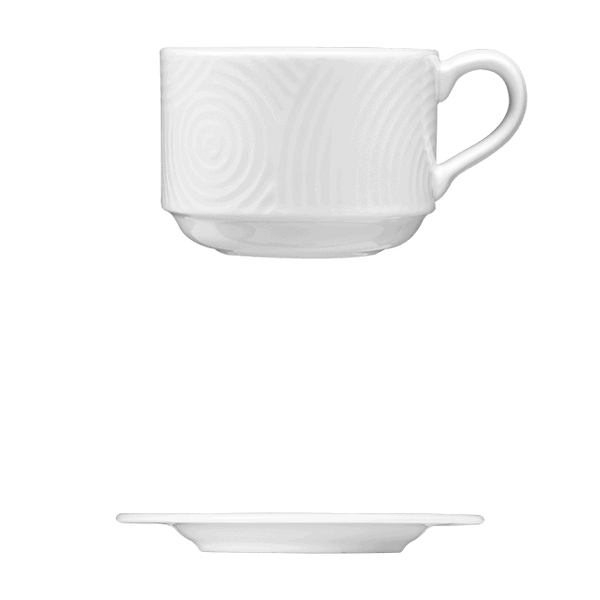 Cup, Stackable || Saucer | Catalog Number: 048 0191 | Dimensions: 8 fl oz (236 ml) || Catalog Number: 048 0192 | Dimensions: 7 1/8 in (18 cm)