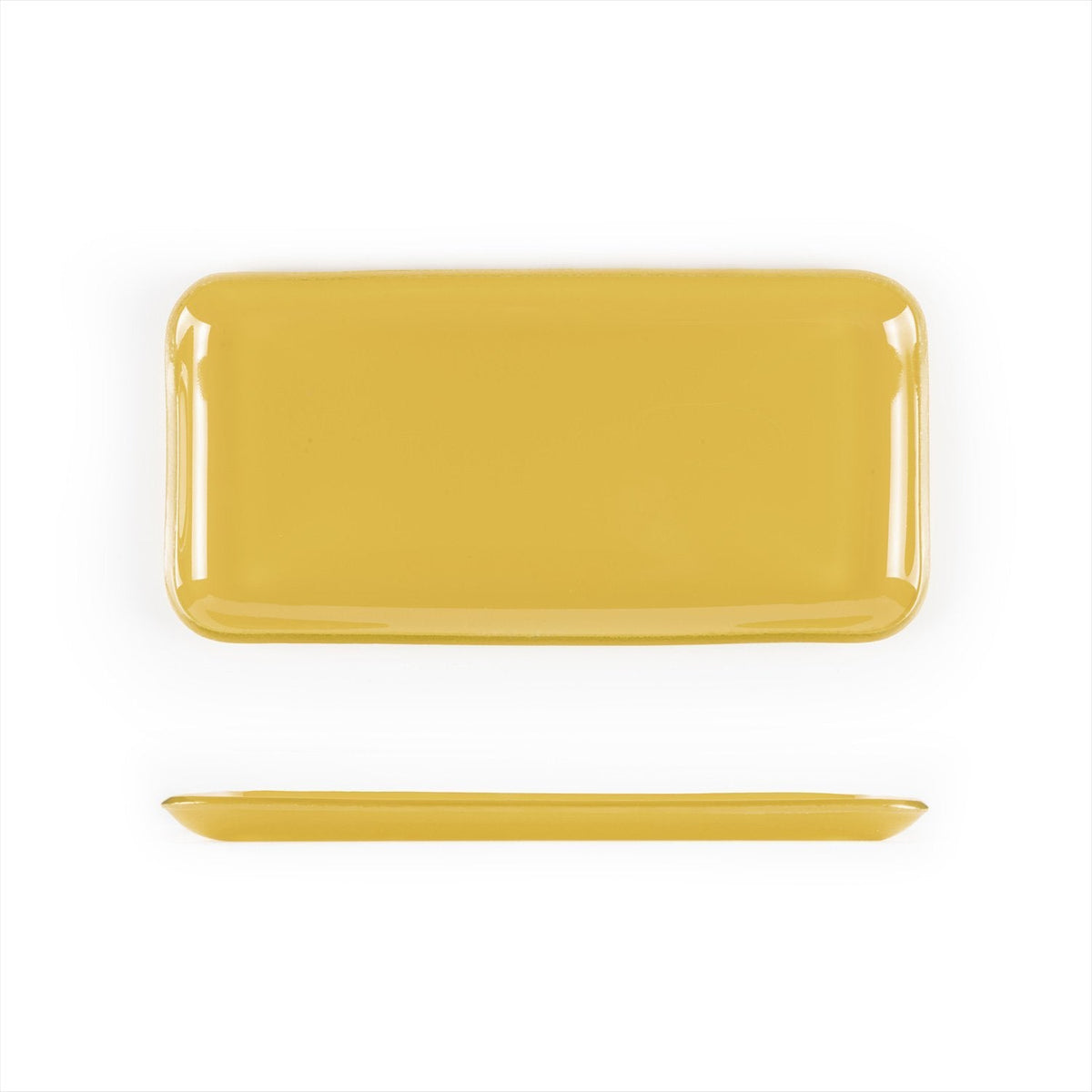 Turgla Fusion Glass 12.25" x 6" x h:1" Rectangular Turmeric Glass Plat SKU: 01-018-31TRM
