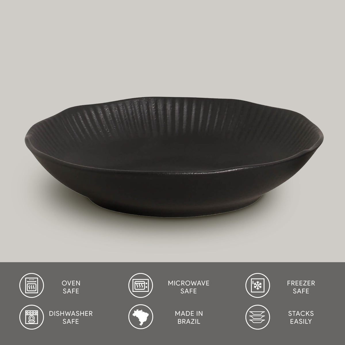 Porto Brasil MATTE BLACK LINHAS SOUP PLATE STONEWARE dia. 8.86"  SKU: '136173901