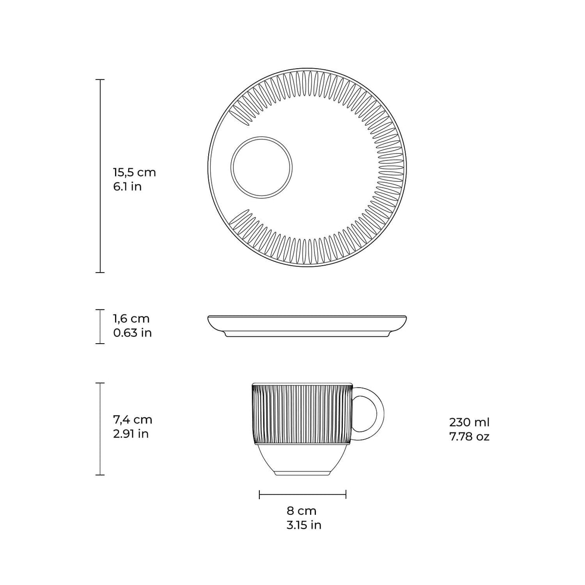 Porto Brasil NEW WHITE LINHAS STACKABLE dia. 7.78 oz. TEA CUP W/ SAUCER  SKU: '36161119801