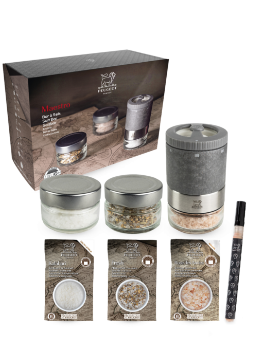 Peugeot Maestro Salt Bar, 3 Jars, 3 Salt Varieties, 1 Erasable Marker, 1 Booklet  SKU: 46996