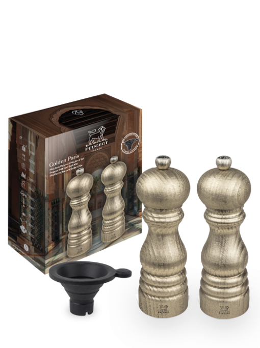 Peugeot Paris Classic Duo, Golden Paris, Set Pepper and Salt Mills, Wood, Gold, 18 cm - 7 in SKU: 48006