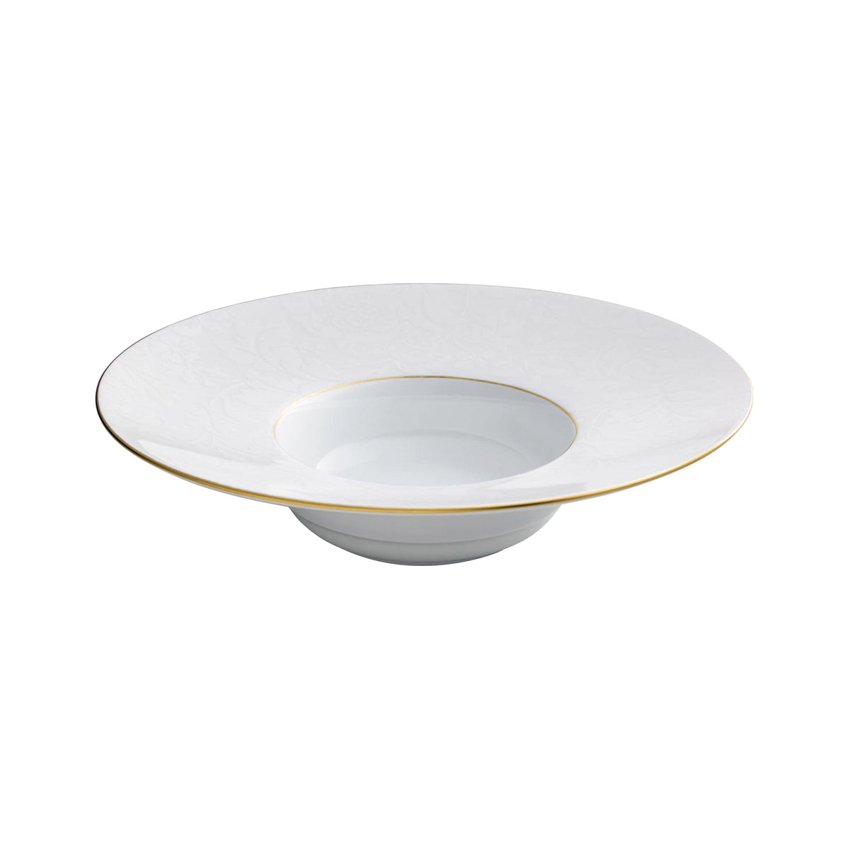 Jl Coquet Indian White on White with Gold Trim - Large Rimmed Soup Plate - 10.4 in SKU: HOR1023BBA106