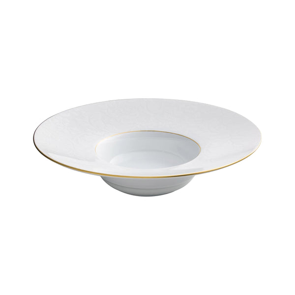 Jl Coquet Indian White on White with Gold Trim - Large Rimmed Soup Plate - 10.4 in SKU: HOR1023BBA106