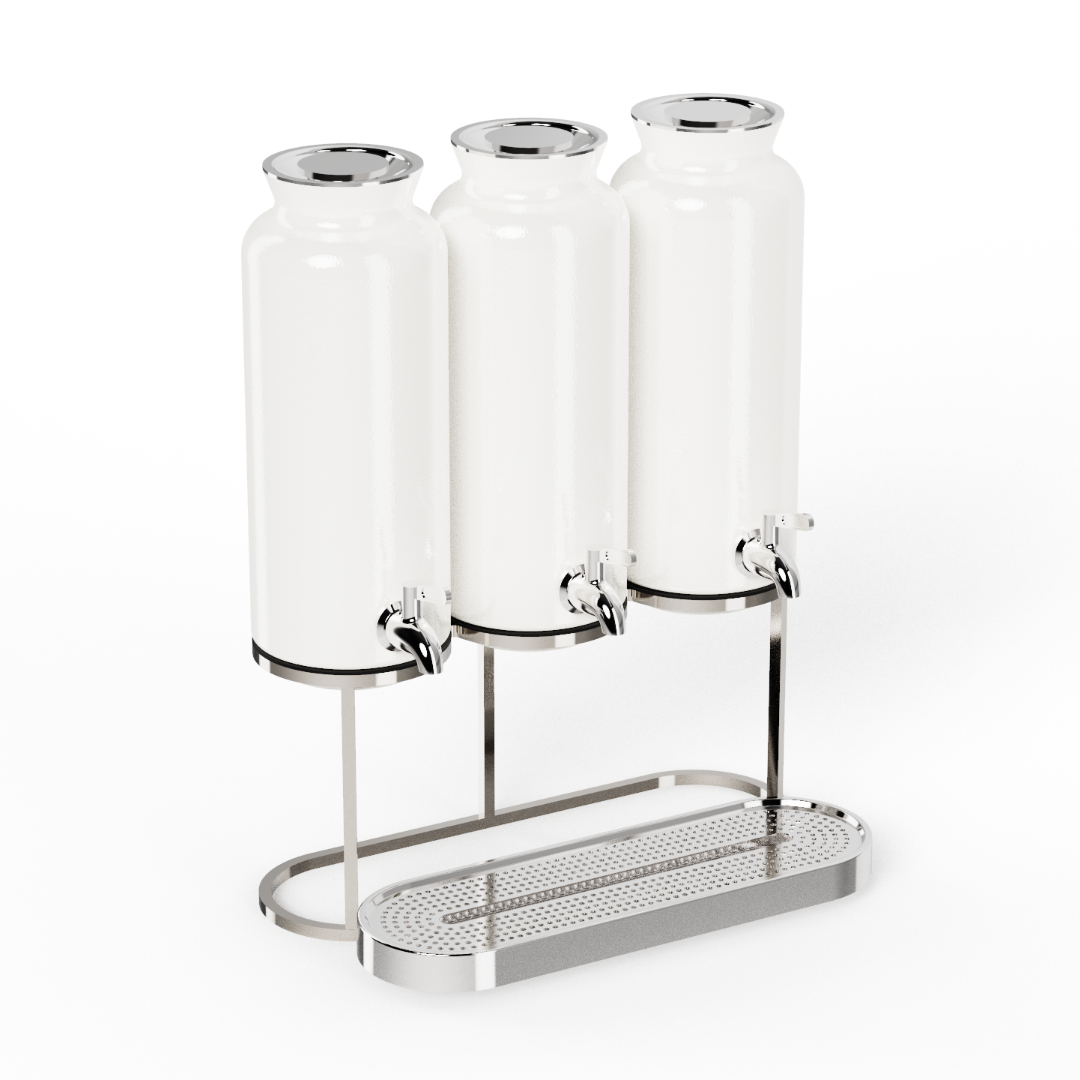 Craster Tilt Mini White Juice Dispenser (x3), Triple Drip Tray & Black Mini Triple Riser Set 383 x 125 x 417 mm / 15 x 5 x 16.4 in SKU: SET_MJDWHTTR023