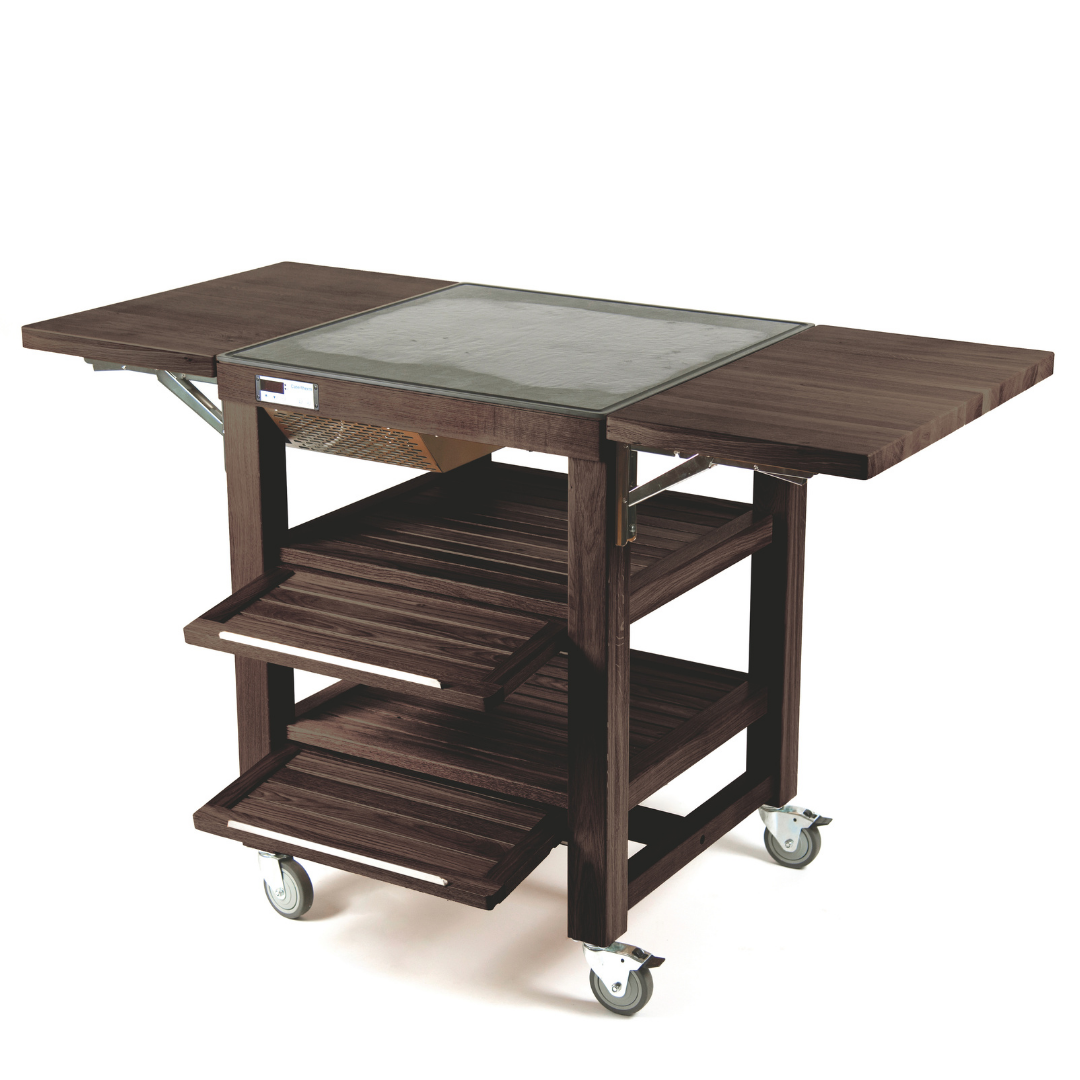 Craster Flow Single Heating/Cooling Trolley Walnut with Dekton top - 2 flaps (US Type B) Open: 1489 ? 1082 ? 960 mm / 58.6 ? 42.6 ? 37.8 in Closed: 829 ? 700 ? 960 mm / 32.6 ? 27.6 ? 37.8 in SKU: TO_HC2204