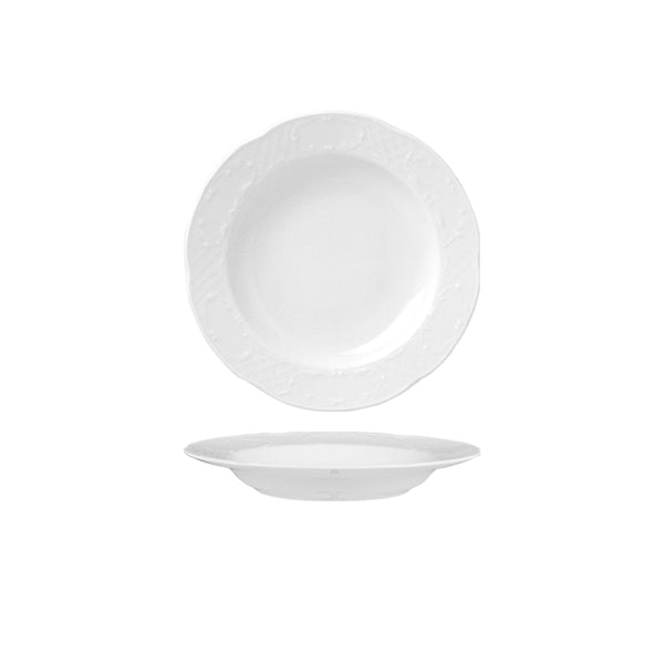 Turgla Flora dia.9.5Inch  h:1Inch  13 oz. Round White Porcelain Deep Plate SKU: FLO24CK00