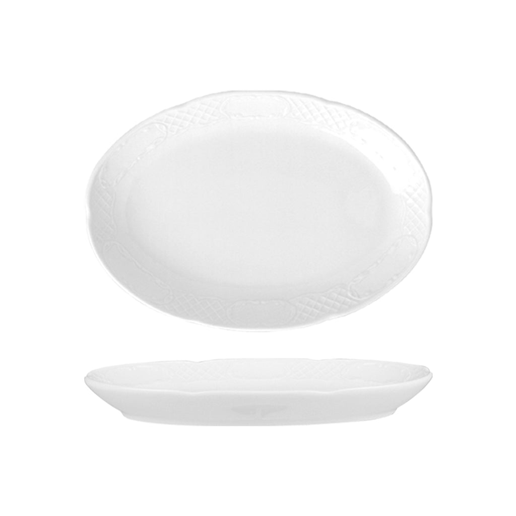 Turgla Flora 14.25Inch  x 9.75Inch  x h:1.25Inch  Oval White Porcelain Platter SKU: FLO36KY00