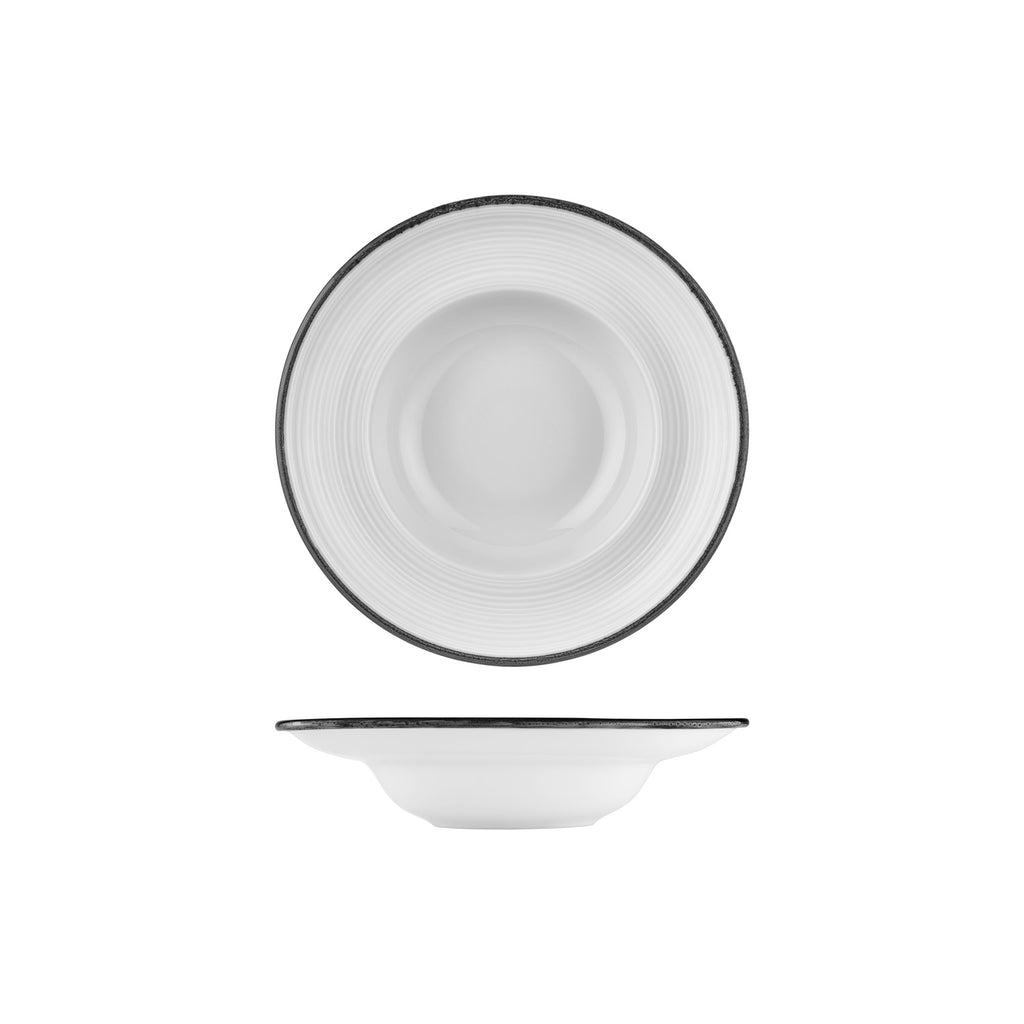 Turgla Helix Black dia.9.75Inch  h:2.25Inch  14 oz. Round Black Vitrified Deep Plate SKU: T-HLBLAZT25CK-6