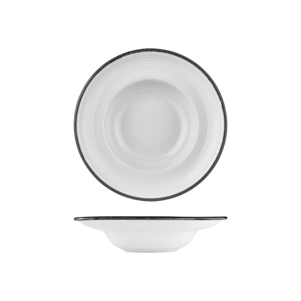 Turgla Helix Black dia.10.75Inch  h:2.5Inch  17 oz. Round Black Vitrified Deep Plate SKU: T-HLBLAZT27CK-6
