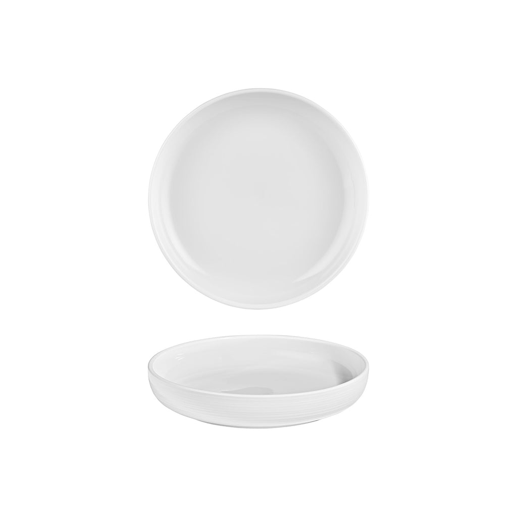Turgla Helix White dia.9Inch  h:2Inch  42 oz. Round Warm White Vitrified Deep Plate SKU: T-HLCP23CK-6