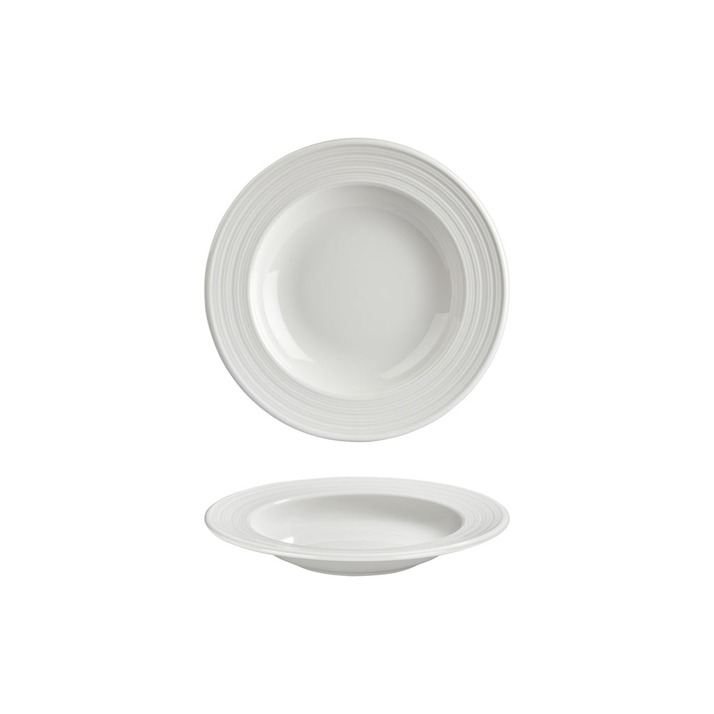 Turgla Helix White dia.9Inch  h:0Inch  10 oz. Round Warm White Vitrified Deep Plate SKU: T-HLGT23CK-12