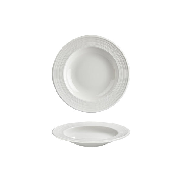 Turgla Helix White dia.9Inch  h:0Inch  10 oz. Round Warm White Vitrified Deep Plate SKU: T-HLGT23CK-12
