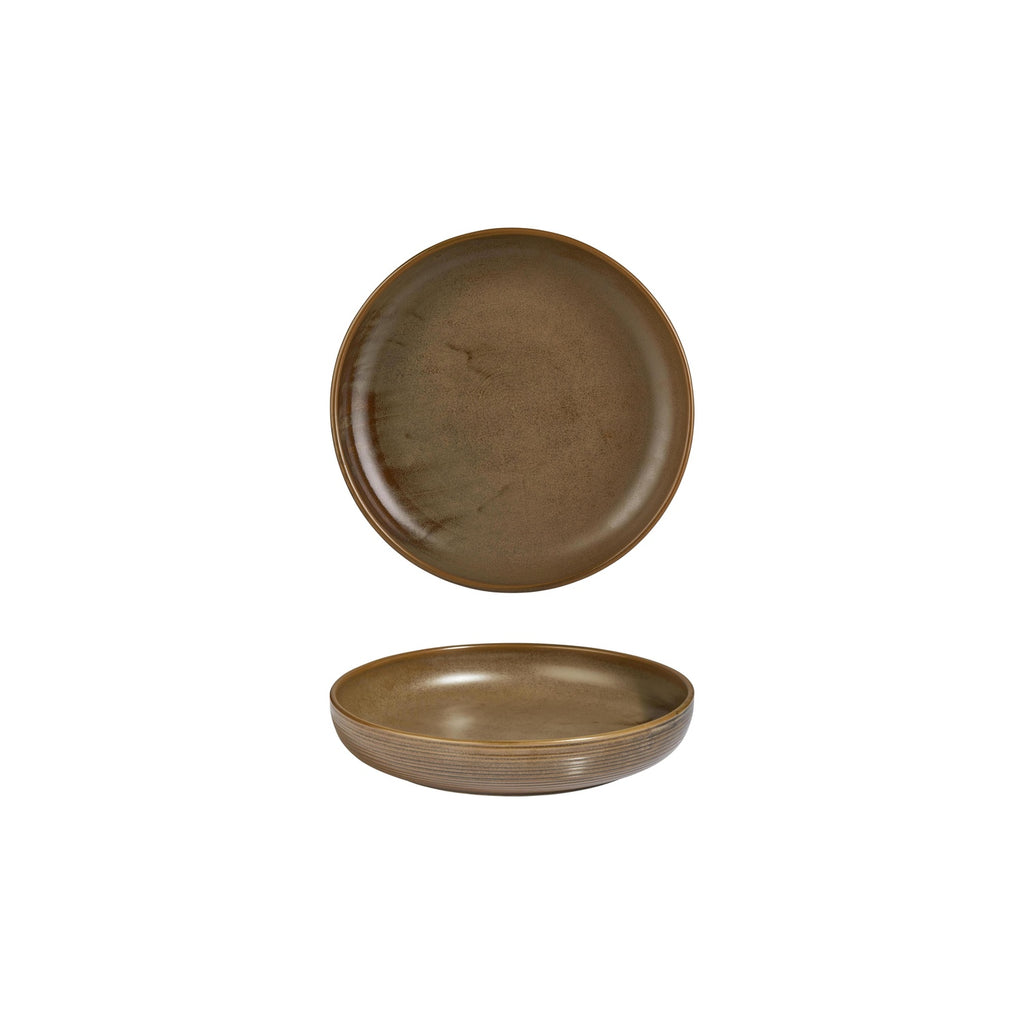 Turgla Helix Kaldi dia.7.5Inch  h:1.5Inch  24 oz. Round Brown Vitrified Deep Plate SKU: T-HLKDCP19CK-6
