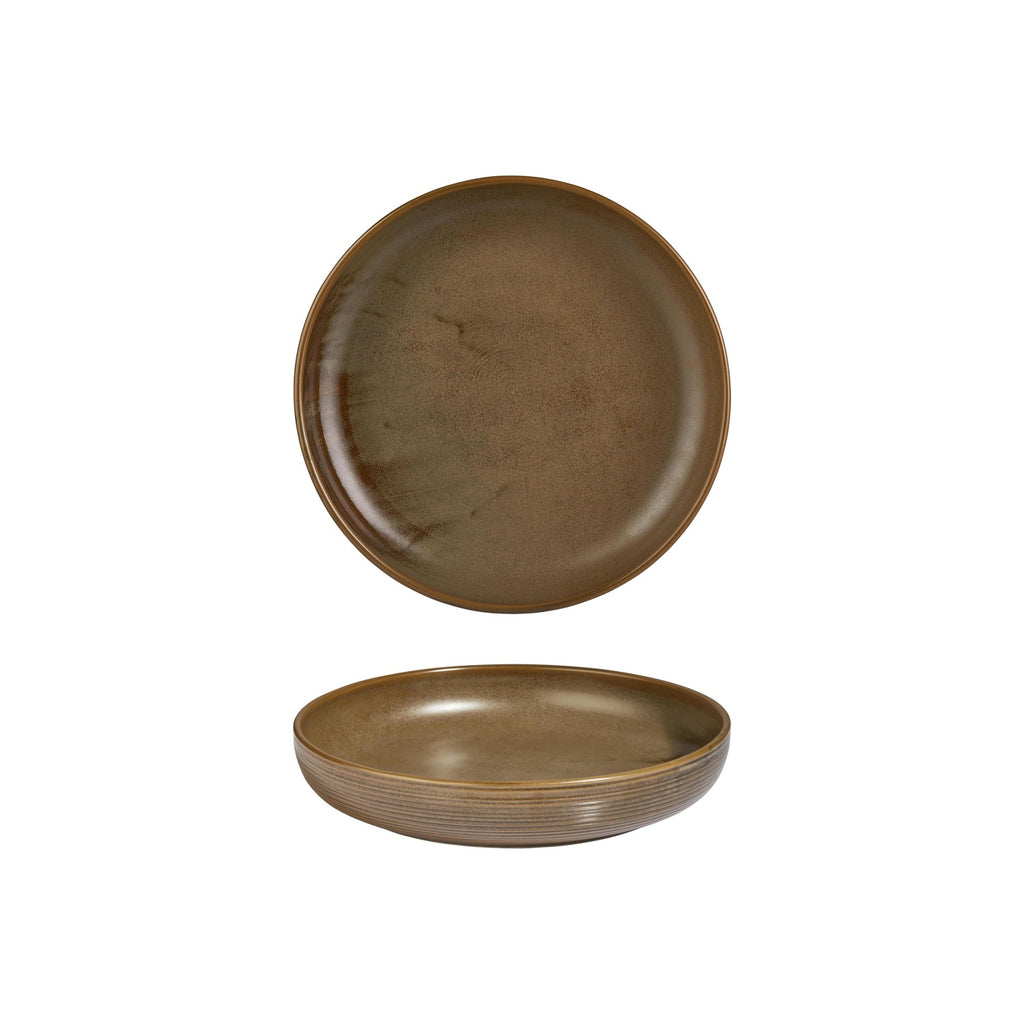 Turgla Helix Kaldi dia.9Inch  h:2Inch  42 oz. Round Brown Vitrified Deep Plate SKU: T-HLKDCP23CK-6