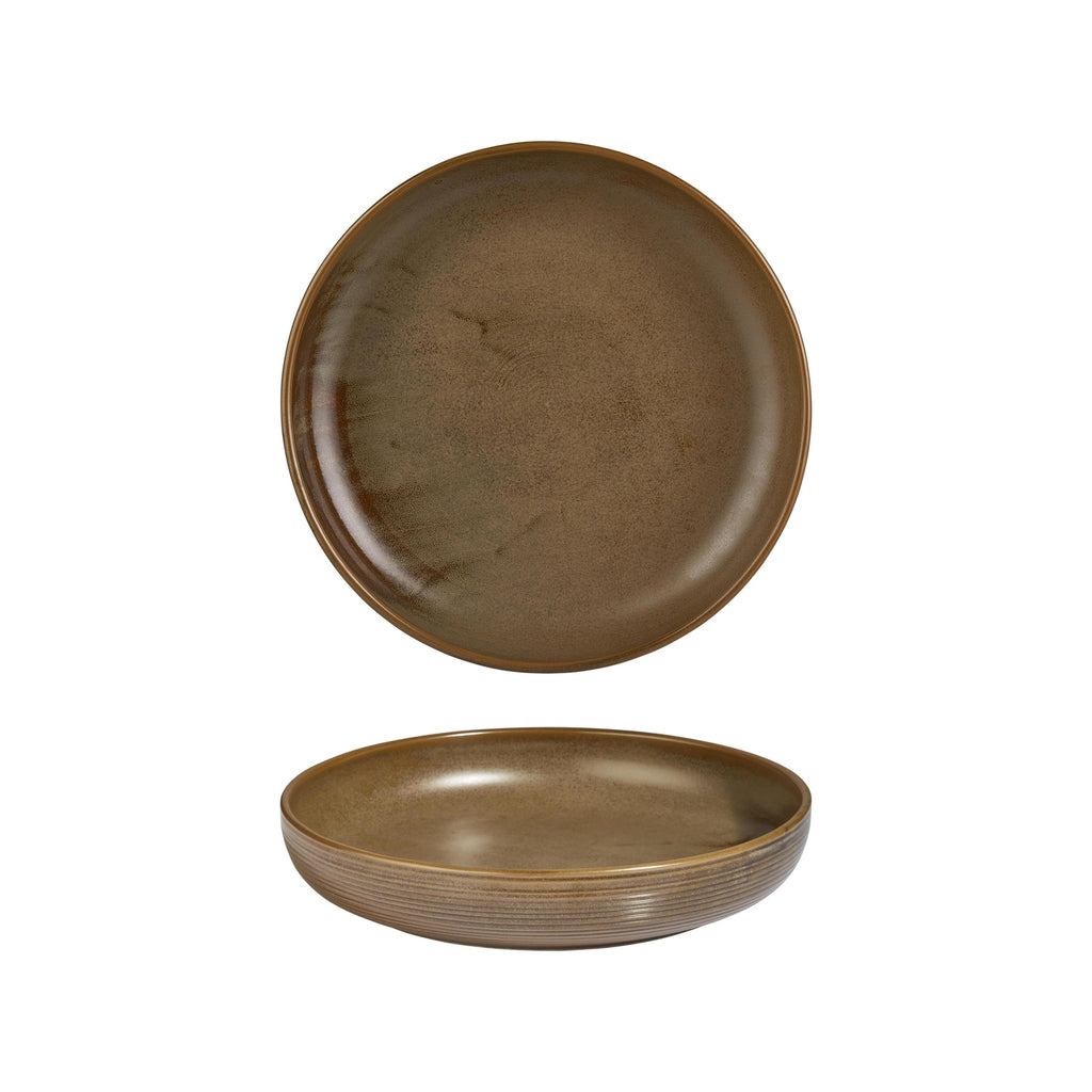 Turgla Helix Kaldi dia.10.25Inch  h:2Inch  59 oz. Round Brown Vitrified Deep Plate SKU: T-HLKDCP26CK-6