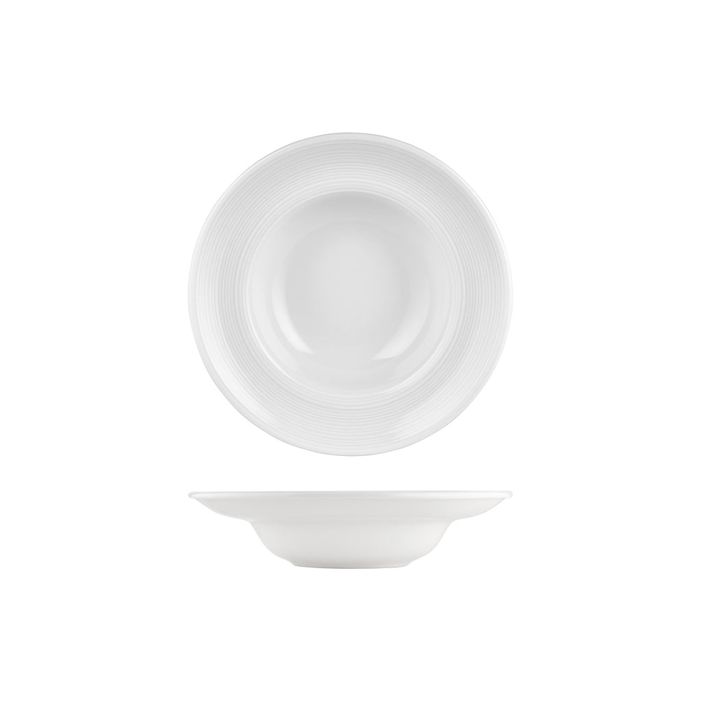Turgla Helix White dia.9.75Inch  h:2.25Inch  14 oz. Round Warm White Vitrified Deep Plate SKU: T-HLZT25CK-6