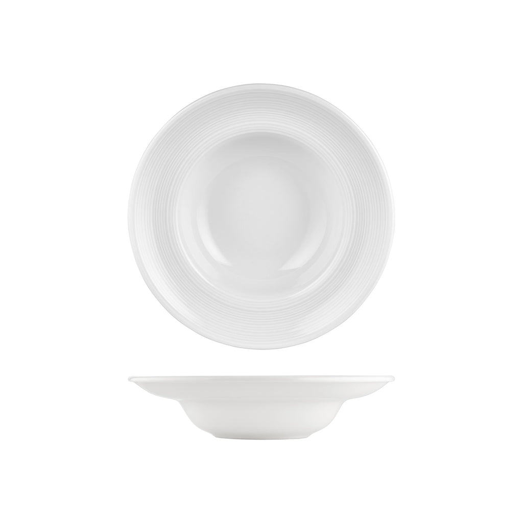 Turgla Helix White dia.10.75Inch  h:2.5Inch  17 oz. Round Warm White Vitrified Deep Plate SKU: T-HLZT27CK-6