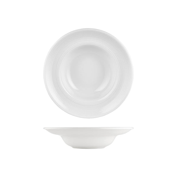 Turgla Helix White dia.10.75Inch  h:2.5Inch  17 oz. Round Warm White Vitrified Deep Plate SKU: T-HLZT27CK-6