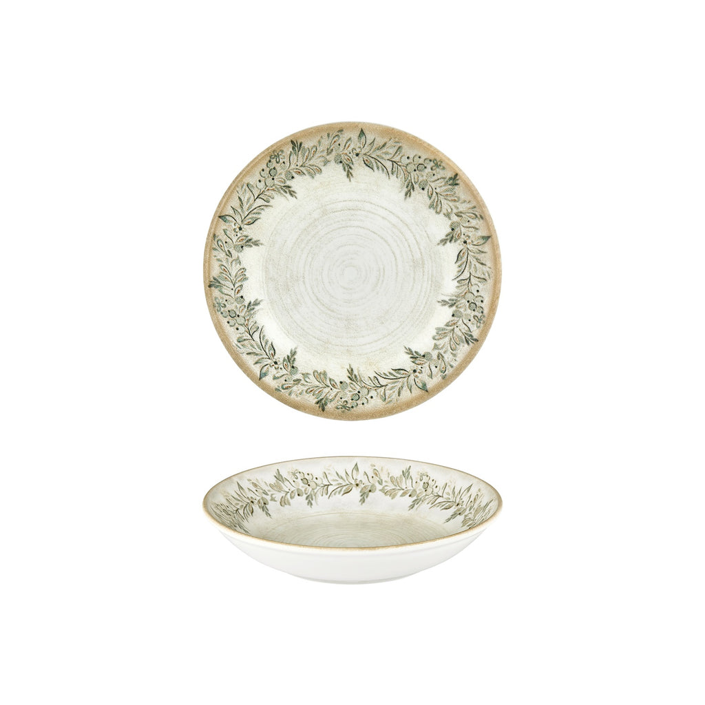 Turgla Oliva dia.9Inch  h:1.75Inch  34 oz. Round Green Vitrified Deep Plate SKU: T-OLVFL23CK-6