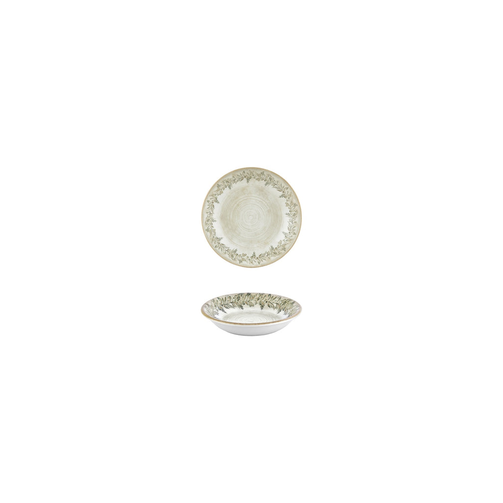Turgla Oliva dia.4.25Inch  h:1Inch  3 oz. Round Green Vitrified Deep Plate SKU: T-OLVZT11CK-24