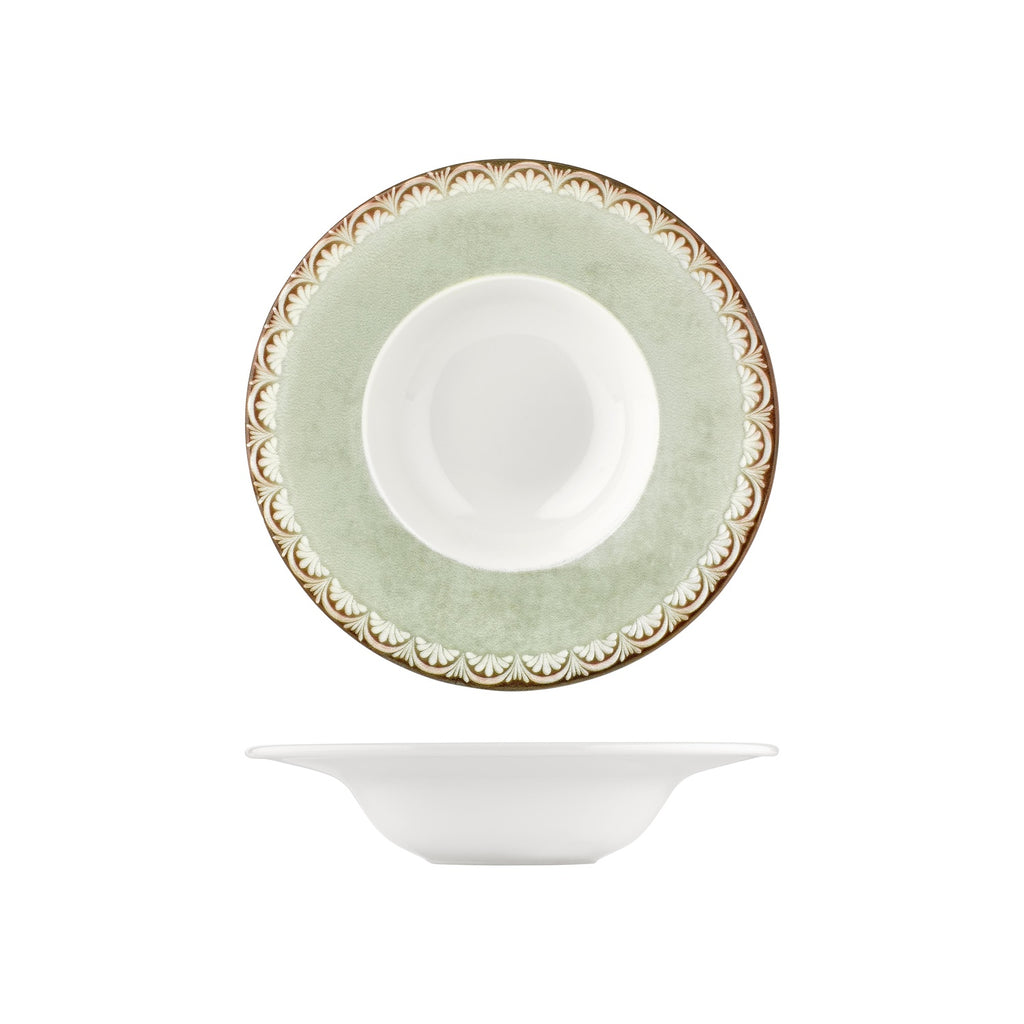 Turgla Rome dia.11Inch  h:2.25Inch  16 oz. Round Green Vitrified Deep Plate SKU: T-RMGT28CK-6
