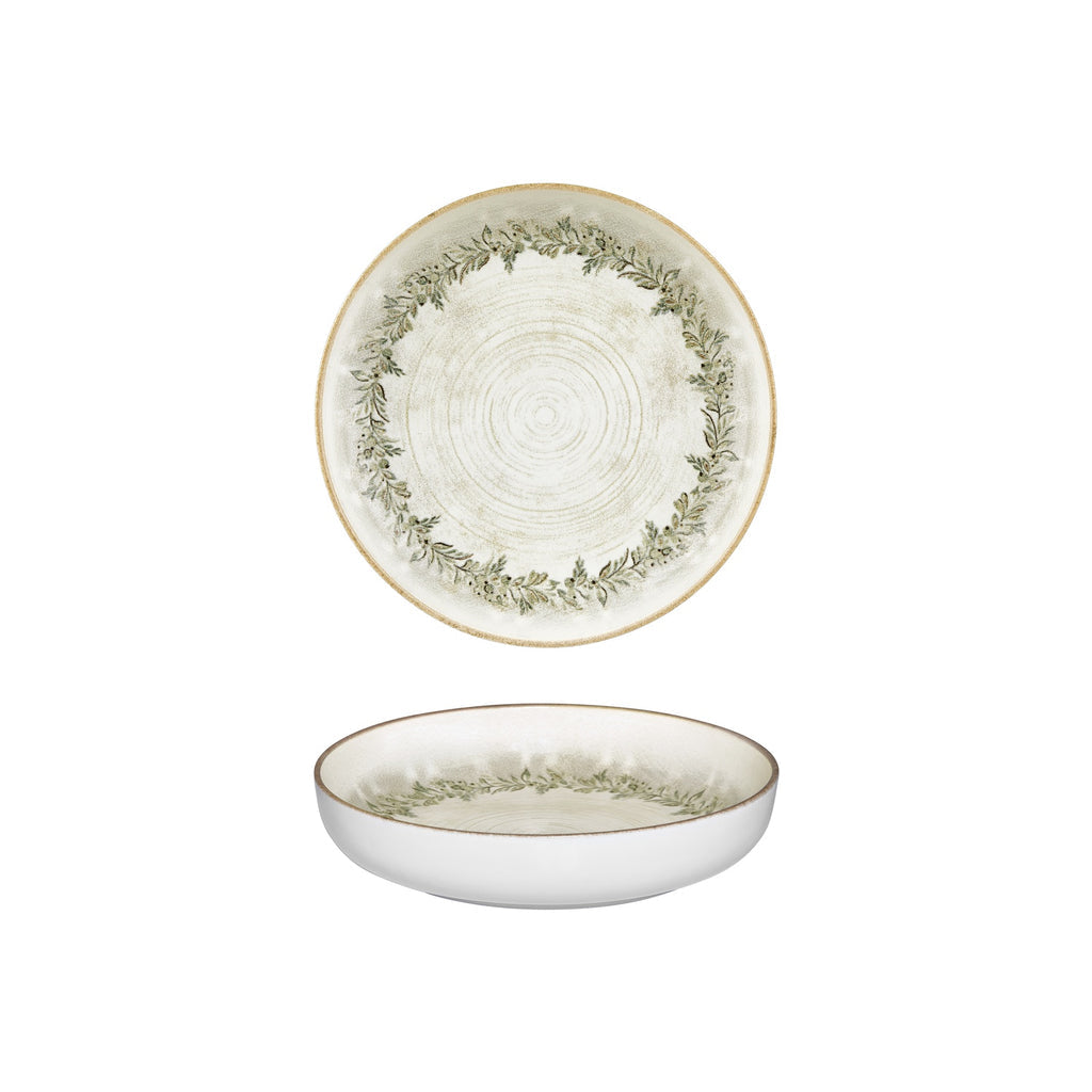 Turgla Oliva dia.9Inch  h:2Inch  42 oz. Round Green Vitrified Deep Plate SKU: T-ROLVCP23CK-6