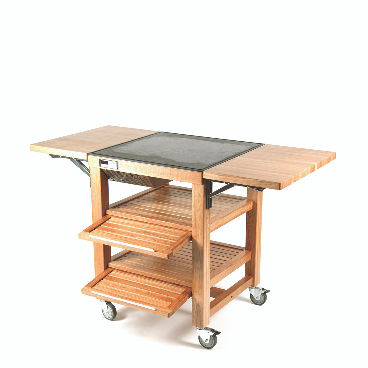 Craster Flow Single Heating/Cooling Trolley Oak with Dekton top - 2 flaps (UK Type G) Open: 1489 ? 1082 ? 960 mm / 58.6 ? 42.6 ? 37.8 in Closed: 829 ? 700 ? 960 mm / 32.6 ? 27.6 ? 37.8 in SKU: TO_HC2101