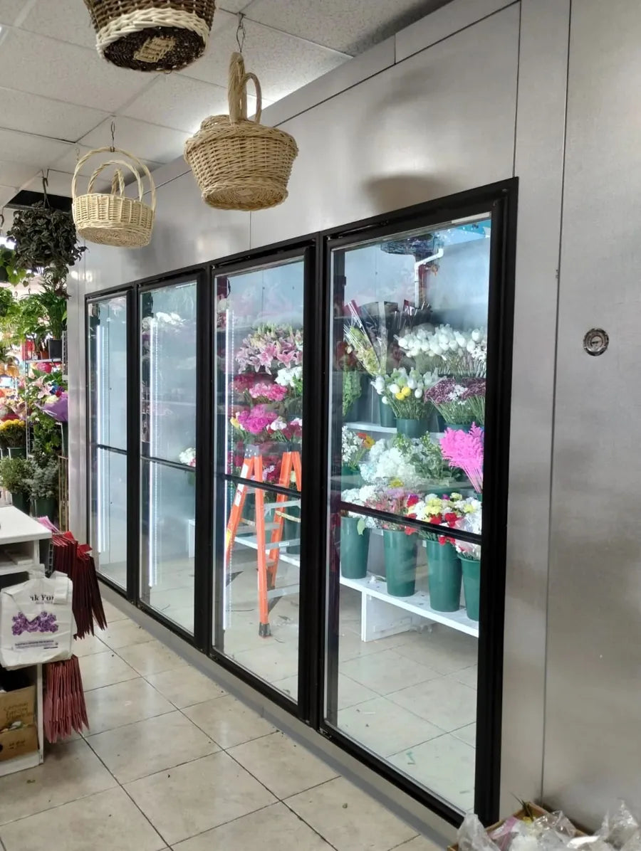 Glass-door cooler in a flower shop