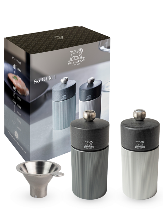 Peugeot Limited Edition Gift Set: So Chic! Line Carbone Salt and Pepper Mill Set + Stainless Funnel SKU: '41847