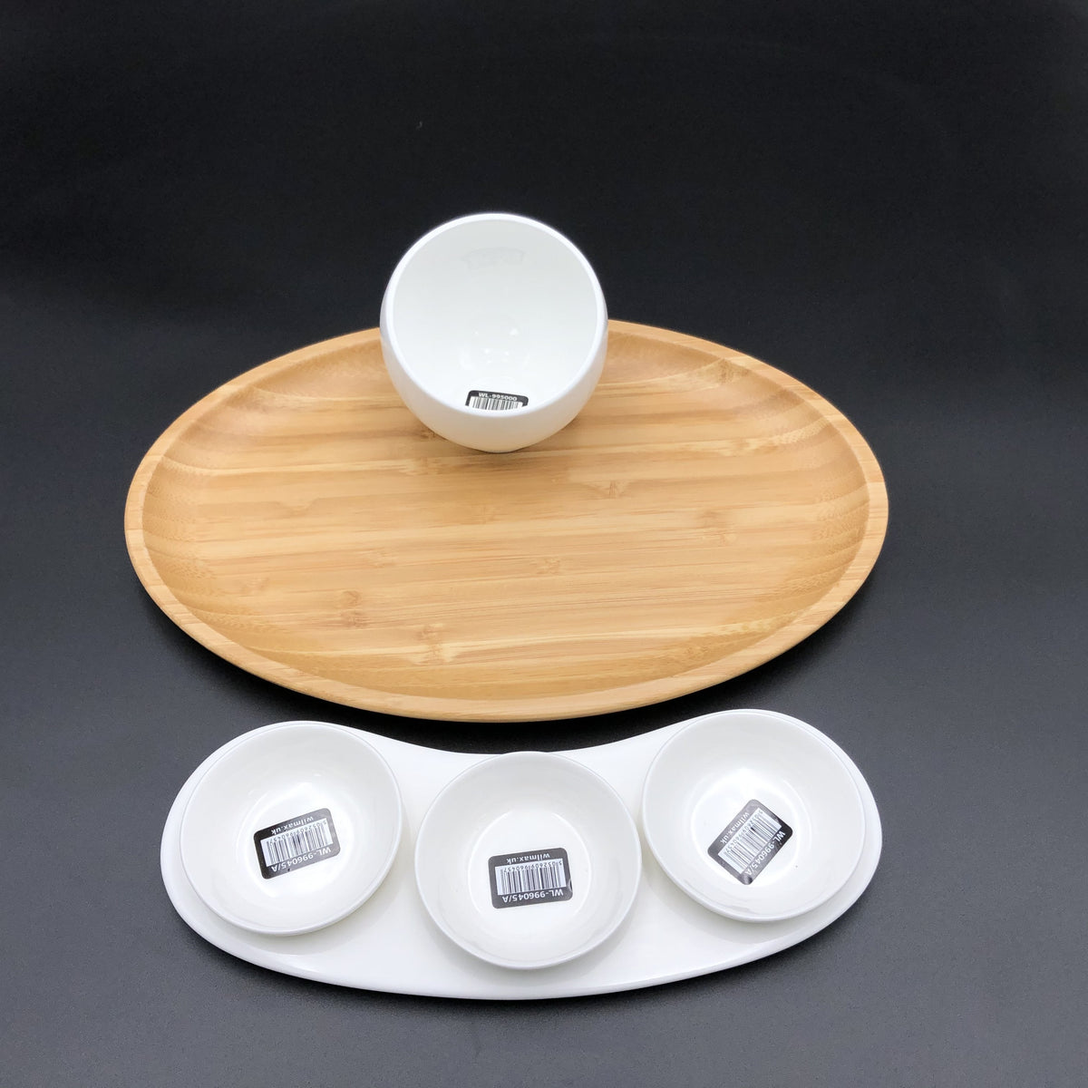 Wilmax A Mignardises (Petit Four) Serving Set With Bamboo Oval Tray And Porcelain Dishes To Match SKU: WL-555023