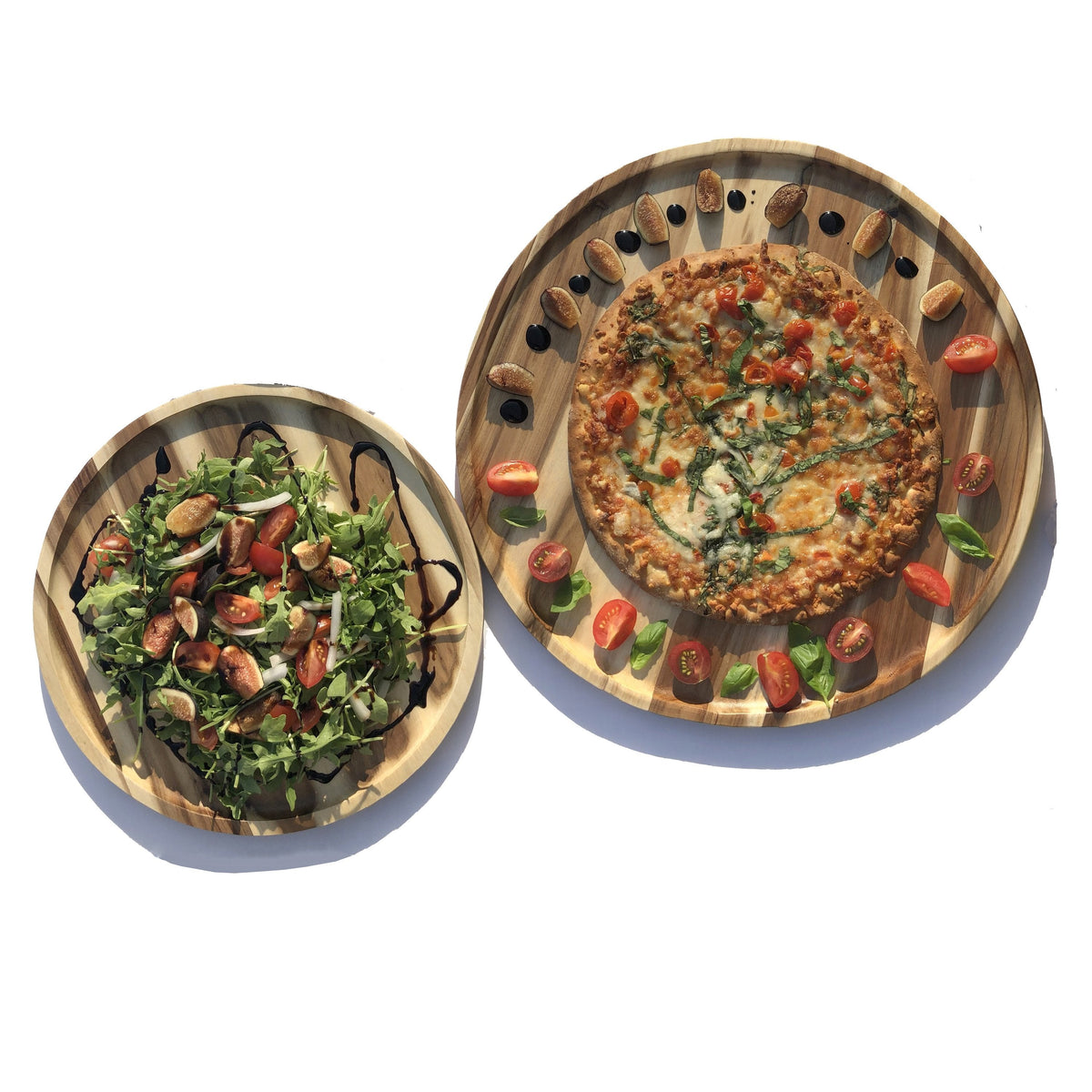ZavisGreen 2 Medium-sized Acacia platters for Pizza and Salad party serving set (14" and 8" round) SKU: WL-555043