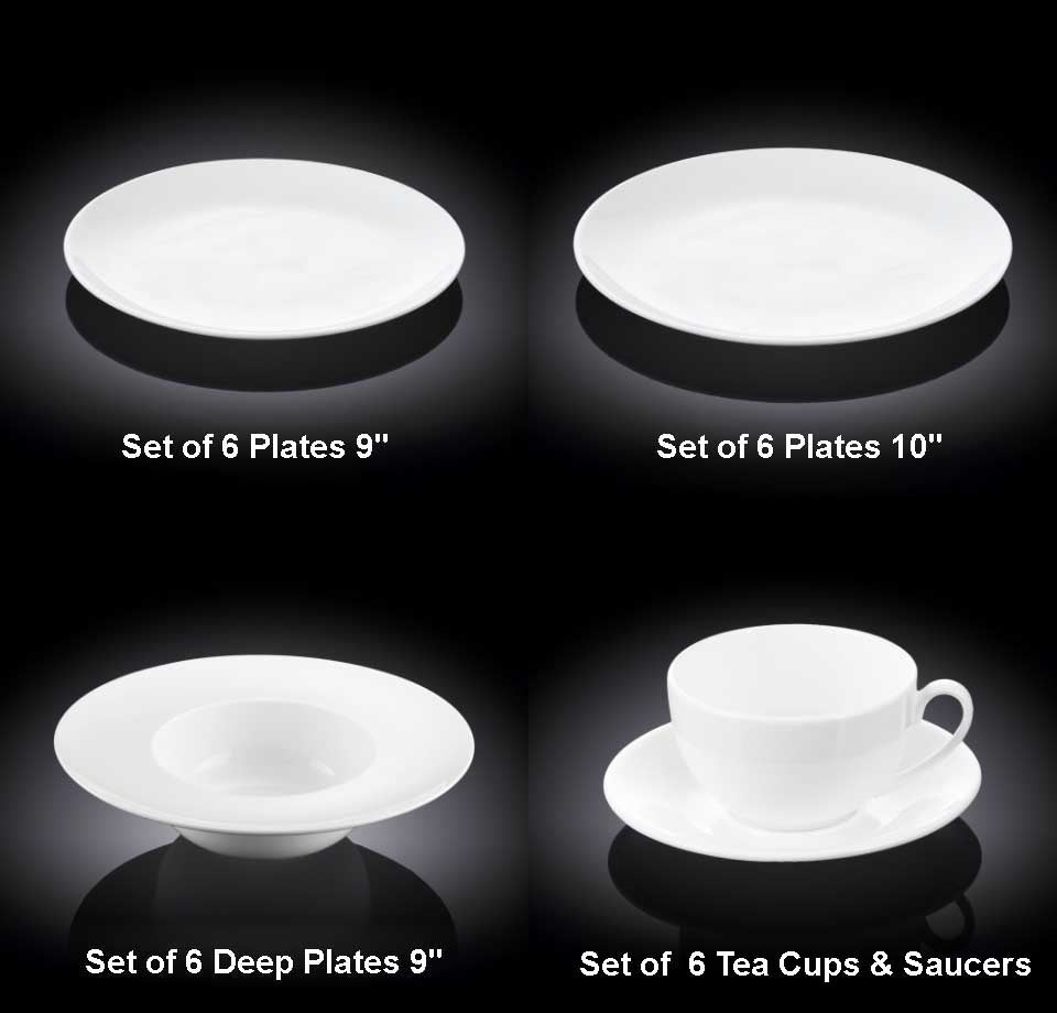 Wilmax HUGE 30 - Piece Kitchen Dinnerware Set, Plates, Dishes, Bowls, cups and saucers Service for 6 Pure European White. Wilmax Economy line SKU: WL-555082